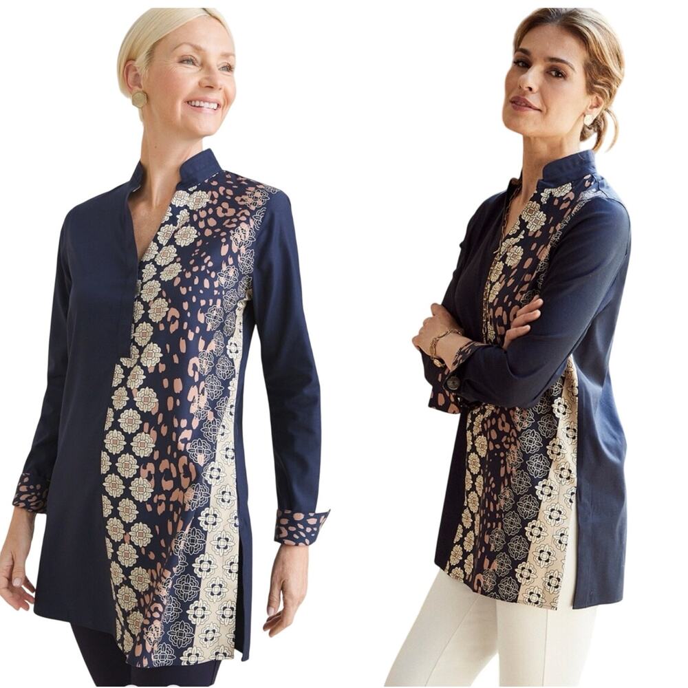 Chico's No-Iron Stretch Mixed-Print Tunic Shirt Popover Top 12